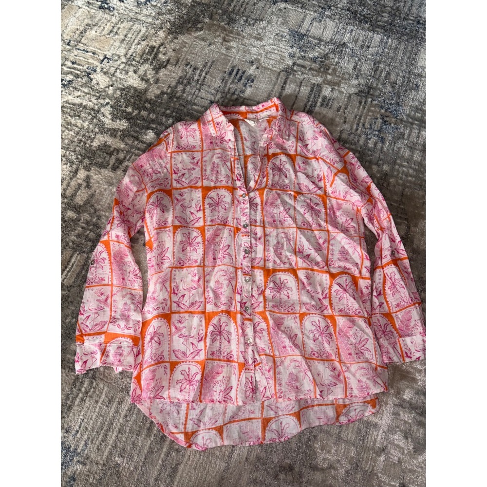 C&C California 100% Linen Tropical Flamingo Palm Print Button Down Shirt Pink L
